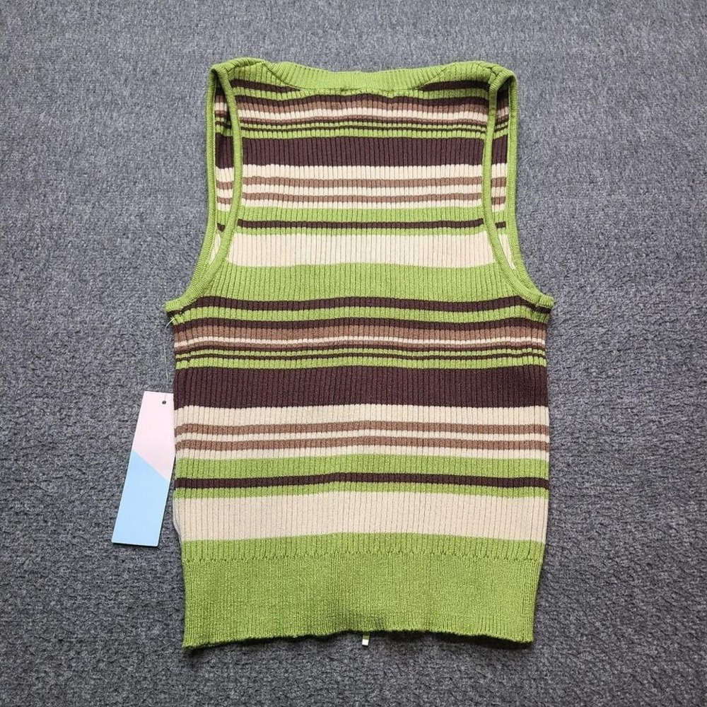 Witty Fox Sweater Vest Women Medium Green Striped New Zip Up Ribbed Knit Top - Picture 6 of 7